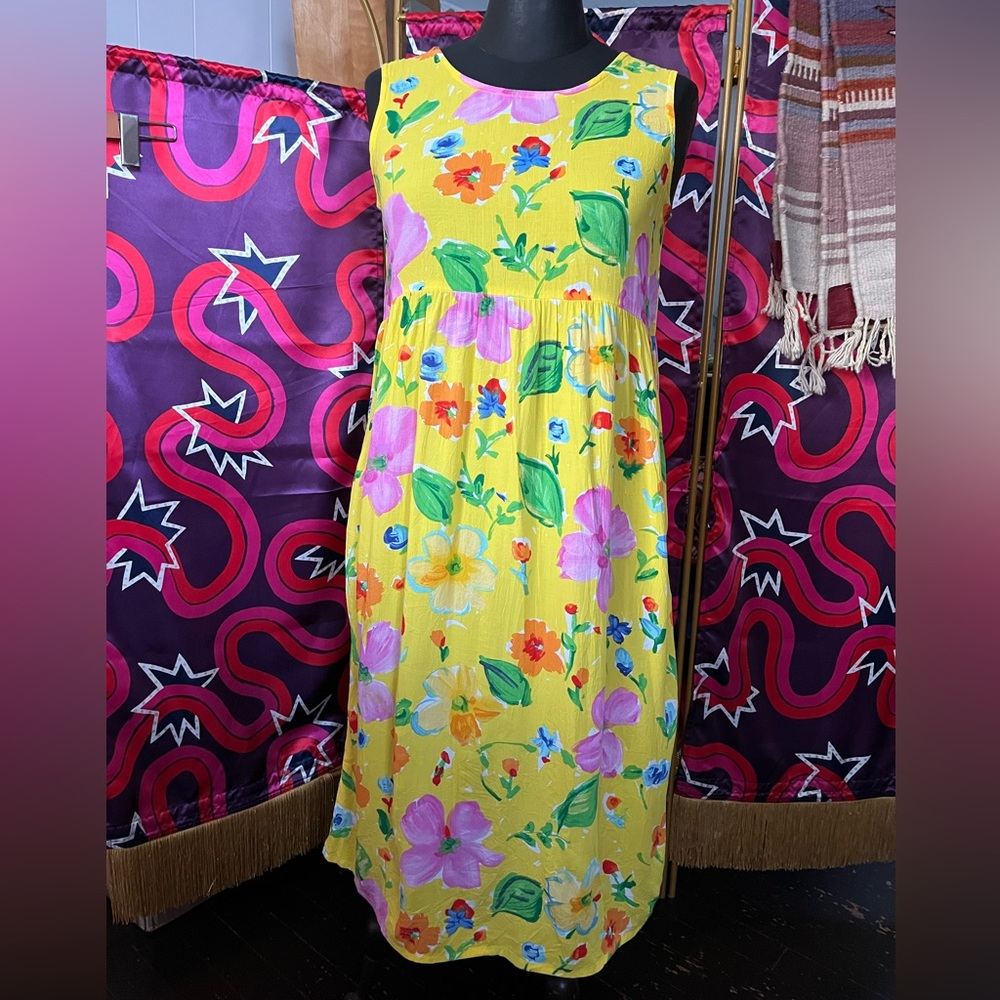 Vintage Jams World Hank Hanky Dress Yellow Floral Sleeveless Hawaii USA Tropical